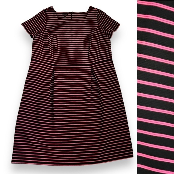 Talbots Fit & Flare Dress Stretch Knit Short Sleeve Office Navy Pink Stripes 14W - Picture 1 of 8